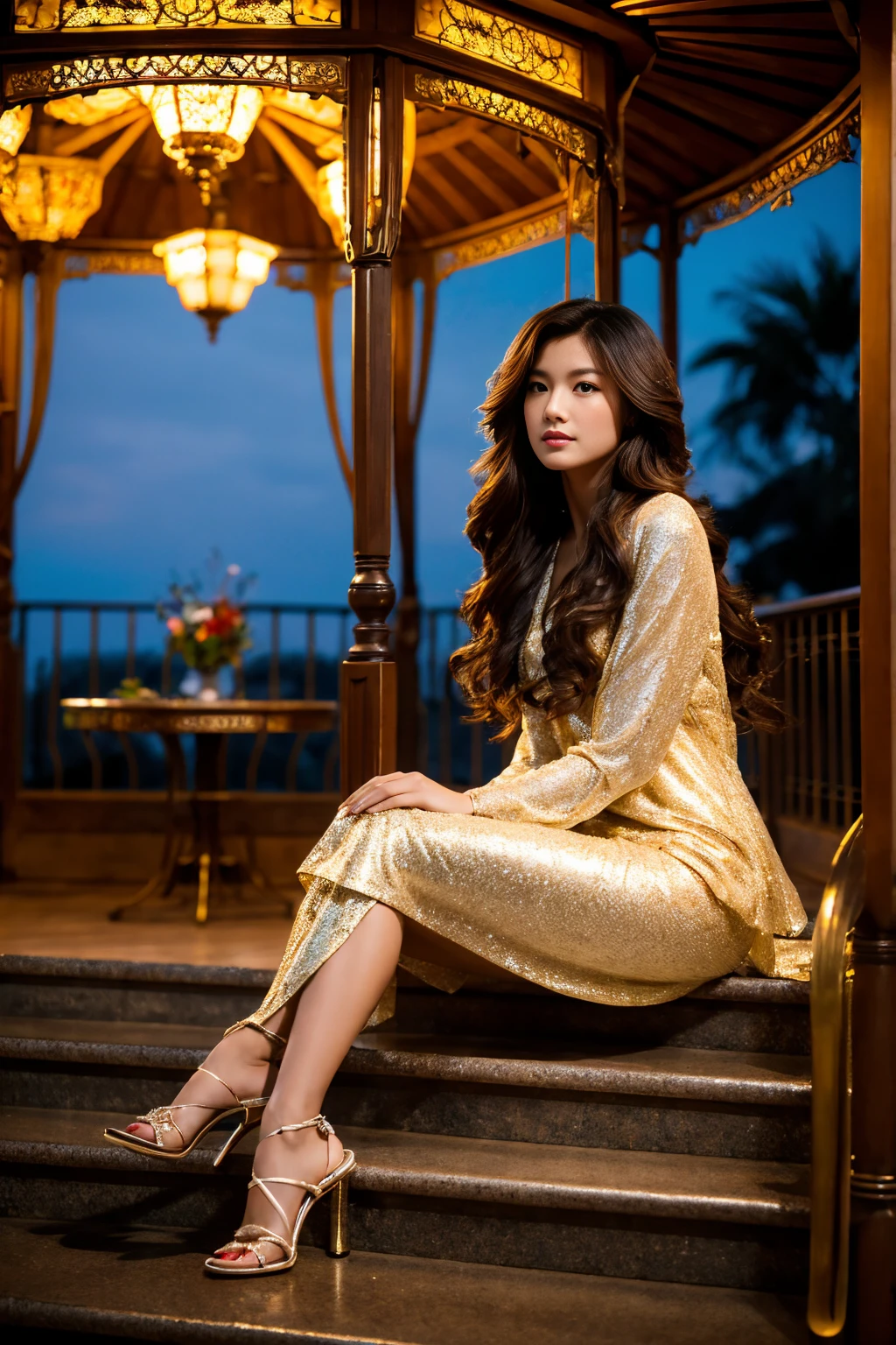 Full body high fashion, wavy long hair, floating hair by the wind, extreme artistic, intricate poses, Incredible photorealistic high resolution camera pics in the style of gardenia of a luxury scenic at gazebo full of flowers in rooftop with Jakarta city scape view in the night and beautiful exterior decoration, realistic eyes, facial profile view, Head to toe, Full body, used stilletto heels, used earrings, relaxed, at night Cinematic, ethereal, a young Asian who looks like
An idol, sitting on the stair of gazebo, sophisticated modeling beautiful in the style of wealthy appearance, glamour lights, backlight, soft light, dim light, hair light, epic lighting, natural colors, glamourous atmosphere, romantic vibes