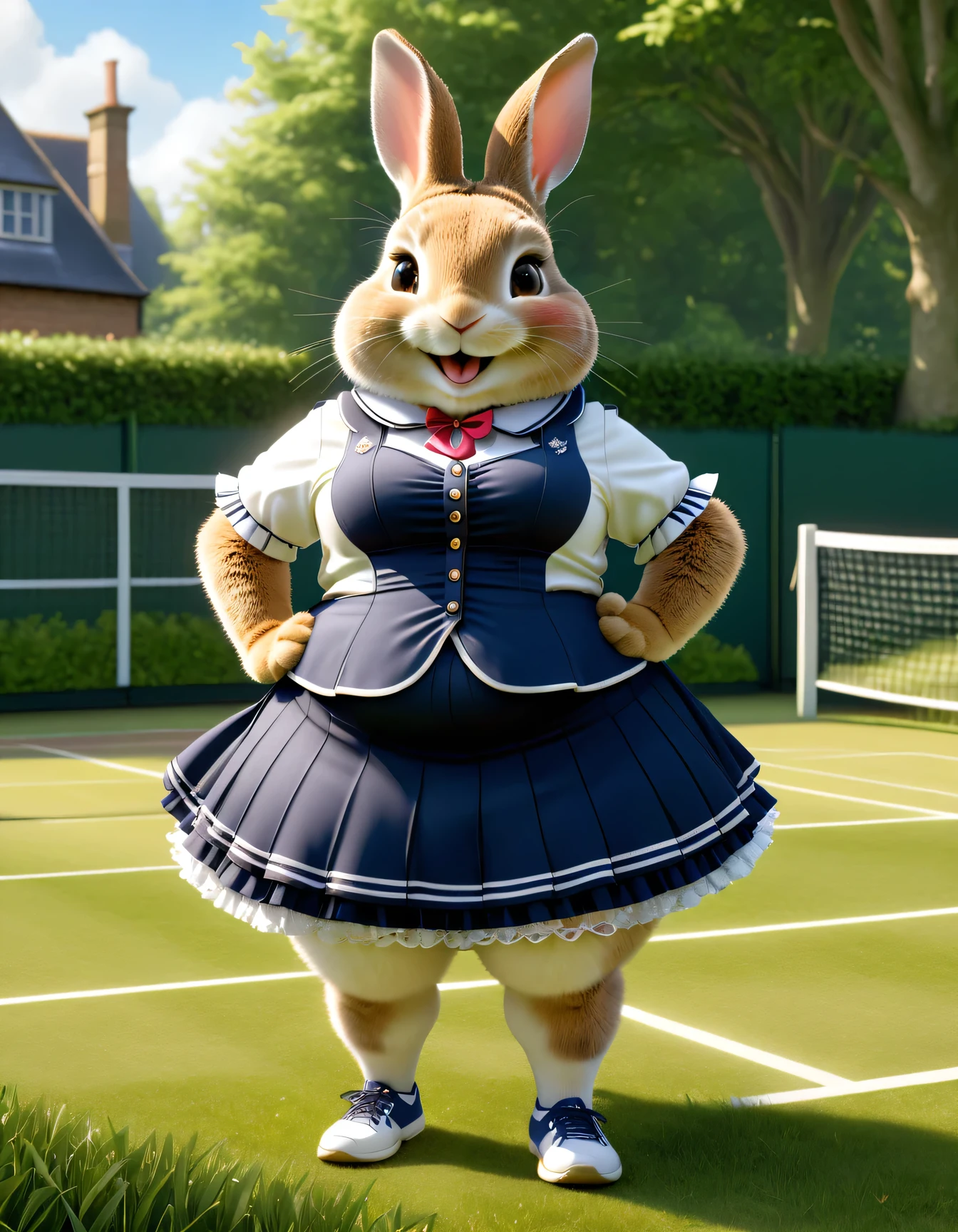 photorealistic portrait of Dressed animals - a ((fat)) (Peter rabbit) tennis player,(hands on hips:2.0),(furry),(elegant pose:1.5), high quality,(lovely smile:1.5) ,intricate detailed frills and ribbon, highly detailed (Gothic & Lolita tennis wear),short skirt, sox and tennis shoes, grass tennis court background, (happy), perfect lighting,(full body image:2.0),score_9, score_8_up, score_7_up, score_6_up, score_5_up, score_4_up,(looking at viewer:1.5)
