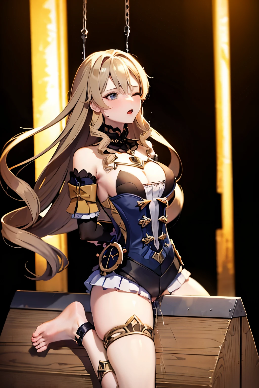 nsfw ,NUDE ,naked ,tied up her arms ,eyes closed ,breast milk ,Put her hands behind her back ,very large breast ,best quality foot:1.5 ,((high quality toe:1.5)) ,(a girl on a wooden horse:1.2) ,in a prison ,in a dungeon ,pussy juice:1.5 ,crying face ,scream, tears, raise both hands ,hyper realistic ,intricate details ,photorealistic ,cinematic lighting ,dramatic composition ,muted colors ,chiaroscuro lighting, moody atmosphere, fine art painting ,detailed face ,highly detailed, masterpiece:1.4, best quality:1.5, 8k:1.4 ,4K ,2k, Suggestive liquid, rubbing the crotch