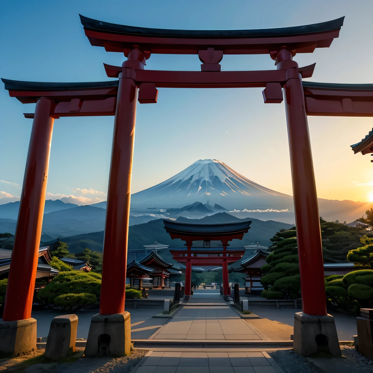 Shrine torii gate in front、Mount Fuji can be seen in the background、The sun rises behind Mount Fuji