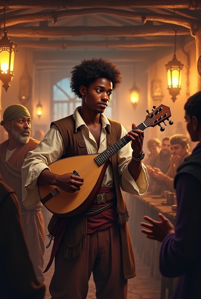 a human bard, black and young,man and adventurer in a tavern playing his lute,It is very important that it is black