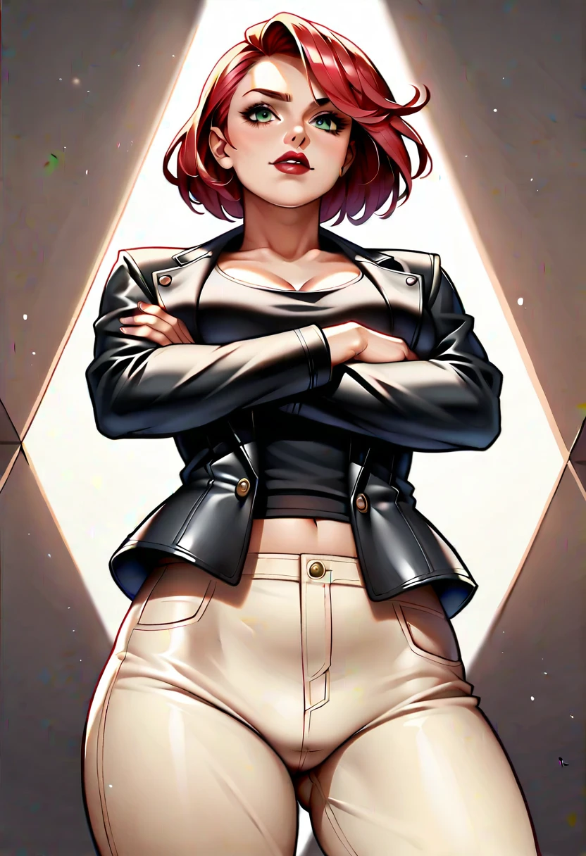 (high-level image quality), (high quality), (high resolution), (detailed), (masterpiece), beautiful woman, ((caucasian)), green eyes, red hair, short hair, dark red lipstick, black top, leather jacket, leather pants, portrait, down below, confident, arms crossed