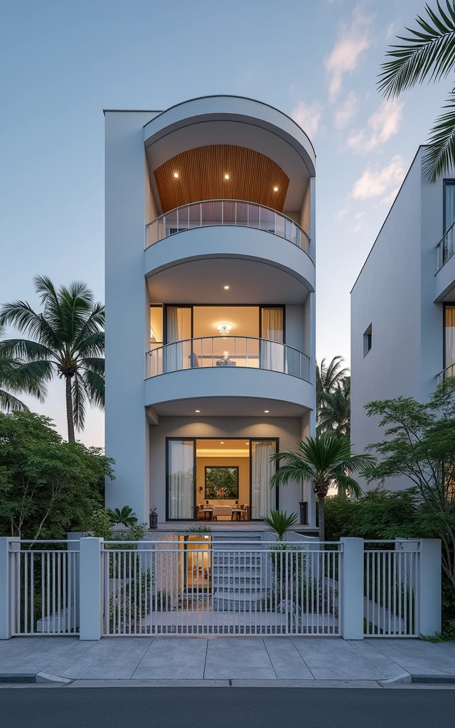 RAW photo,Masterpiece, high quality, best quality, authentic, super detail, townhouse, modern house with (tile wall:1.2), glass windows, (wooden ceiling:1.1), railing glass, gate, fence, (curve:1.1),tropical trees, day, beautifu sky, (high detailed :1.2), 8k uhd, dslr, soft lighting, high quality, film grain, Fujifilm XT3 lora:add_detail:0.5 lora:epi_noiseoffset2:0.3 lora:townhousev4:0.6 Negative promt:(normal quality), (low quality), (worst quality), paintings, sketches,lowres, text, cropped, worst quality, low quality, normal quality, signature, watermark, username, blurry,skech,logo,blurry, drawing, sketch, poor quality, ugly, low resolution, saturated, high contrast, oversharpened,low quality, bad anatomy, worst quality,deformed, disfigured, cropped, jpeg artifacts, error, mutation,noise,UnrealisticDream