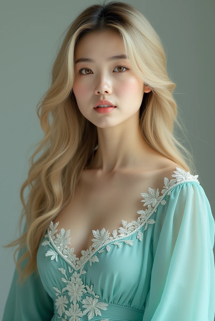 Portrait of a mature woman in her 40s with Korean features, With long blond hair, Golden Eyes, Clear skin ,She wore a long-sleeved turquoise fantasy dress with white details. 
