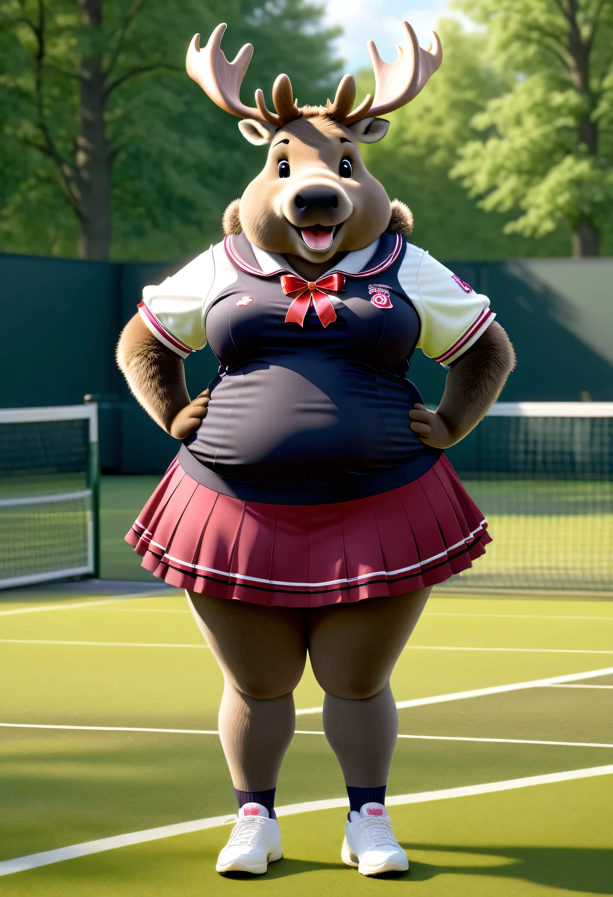 photorealistic portrait of Dressed animals - a ((fat)) (moose) tennis player,(hands on hips:2.0),(furry),(elegant pose:1.5), high quality,(lovely smile:1.5) ,intricate detailed frills and ribbon, highly detailed (Gothic & Lolita tennis wear),short skirt, sox and tennis shoes,　grass tennis court background, (happy), perfect lighting,(full body image:2.0),score_9, score_8_up, score_7_up, score_6_up, score_5_up, score_4_up,(looking at viewer:1.5)
