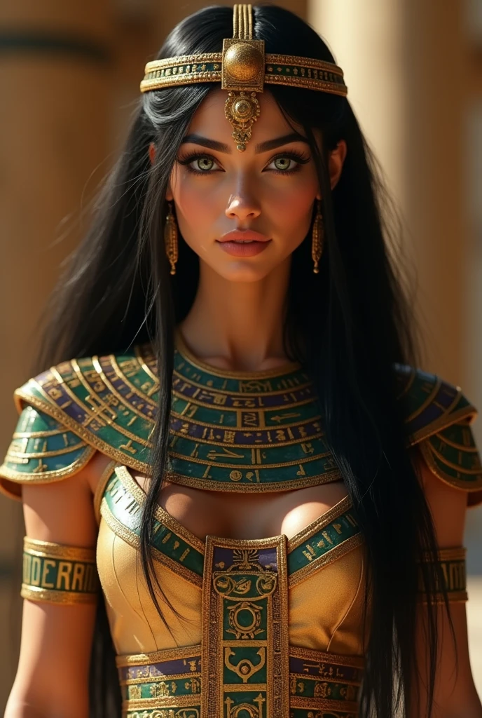 A black ancient Egyptian woman, a pharaoh, with long hair, green hypnotizing eyes, pretty, com uma maquiagem pretty, very successful, with a natural charm, very respected, muito pretty