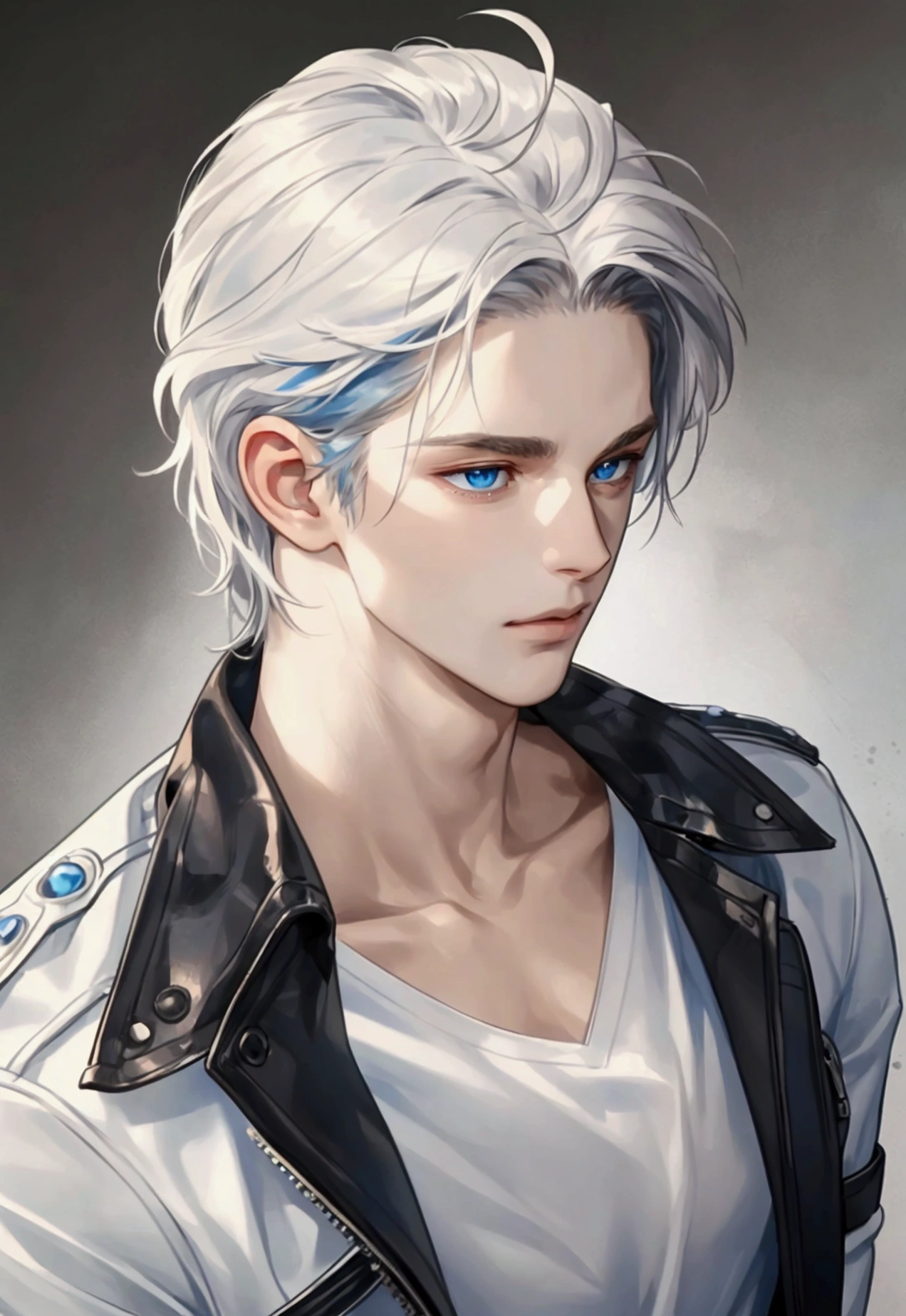 (masterpiece, High resolution, Ultra-detailed:1.0), (1male, male face), Perfect male body, adult male, Delicate eyes and delicate face, Extremely detailed CG, complicated details, detailed face, (by white, blue eyes, messy hair, calm face, White T-shirt, black leather jacket), simple background, color difference, depth of field, dramatic shadow, ray tracing, Best Quality, cinematic lighting, official art, portrait.