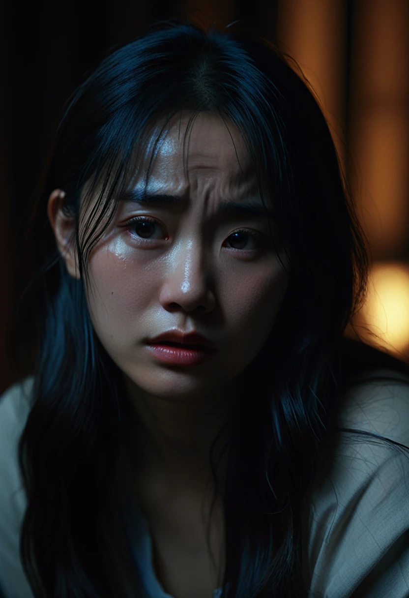 Close-up of a tearful young Asian woman in a dimly lit room, sad face, nostalgic mood. Dramatic chiaroscuro lighting. Emotional and raw. Ultra-detailed 8k resolution.
Cinematic lighting, high detail, 8K, artstation, conceptual art, dark fantasy. Photo taken with Canon EOS R5 85mm f/11 camera, sharp mode. 8K picture quality, realistic, masterpiece, sharpest and highest contrast, excellent depth of field, stereoscopic light.