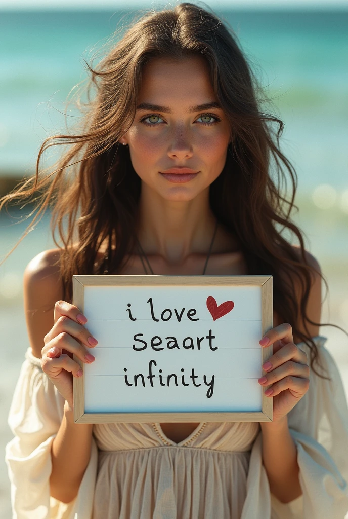 Beautiful girl with wavy long hair, bohemian dress, holding a white board with text "I Love Seaart Infinity" and showing it to the viewer