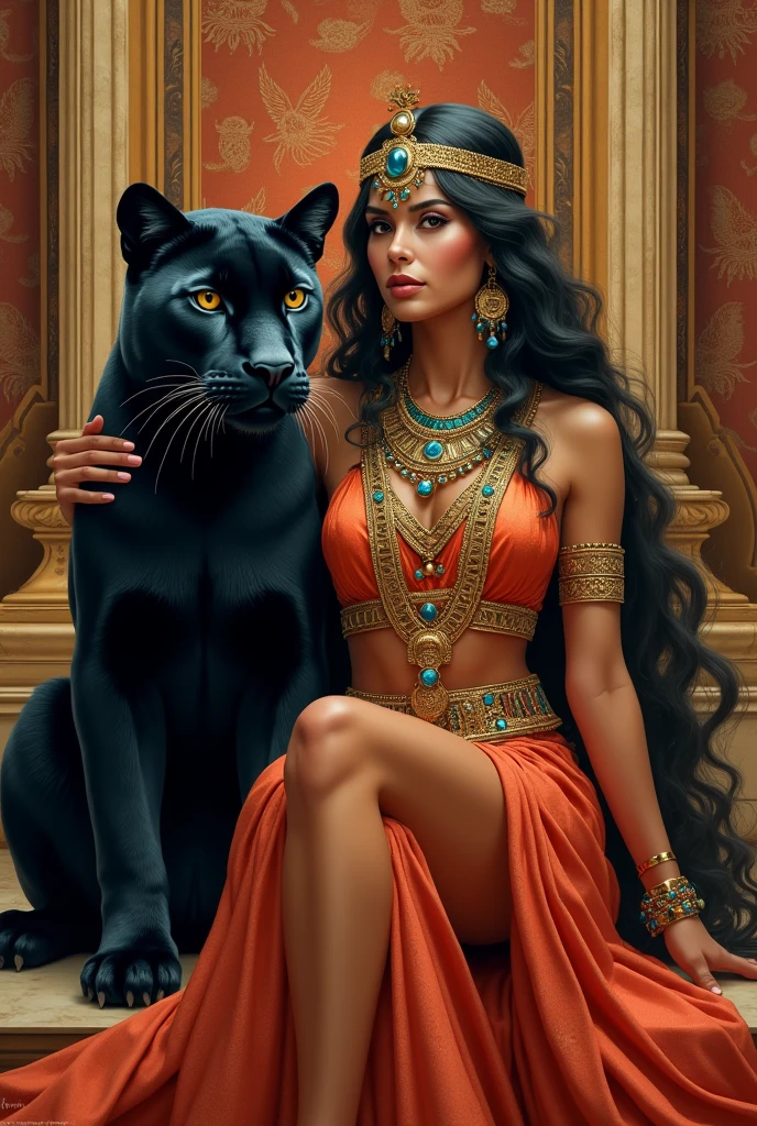 Exuberant Cleopatra sitting next to a black panther