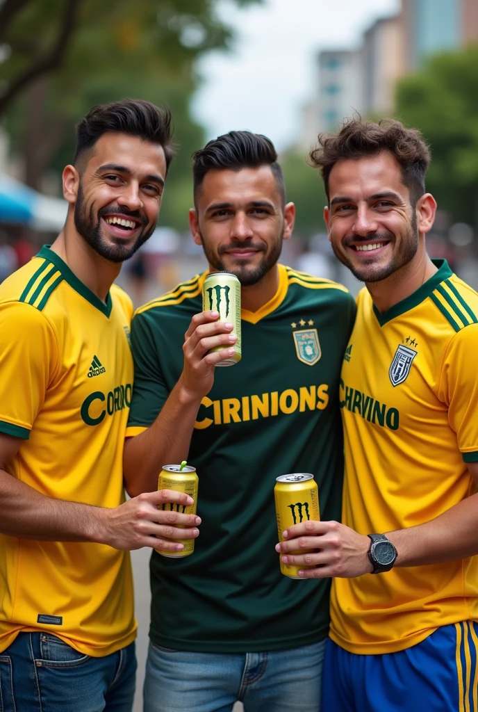 Take 3 friends in a photo, with the one on the left and right wearing a Corinthians shirt and the one in the middle wearing an Atlético Paranaense shirt.. The one in the middle drinking chimarrão and the other 2 drinking monster