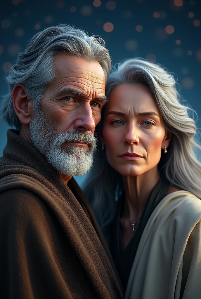60 year old Hebrew man, gray hair in dark gray and white, 50 year old hebrew woman long gray hair in dark gray and white, in 3d, RPG style, side by side face photo, starry sky background, shoulder up image, biblical characters.
