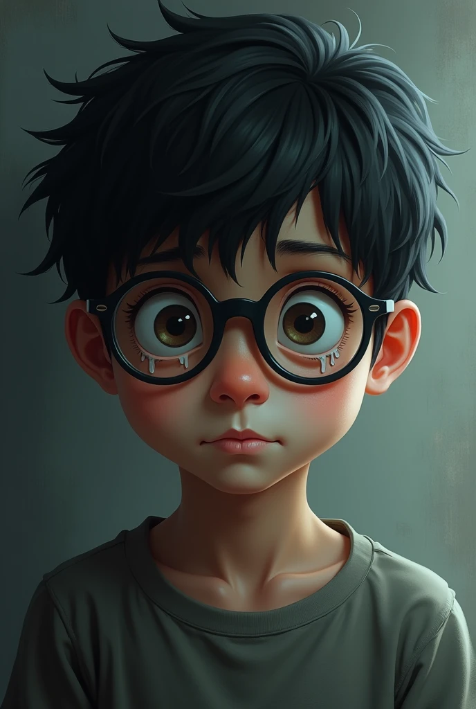 a boy with spectacles crying