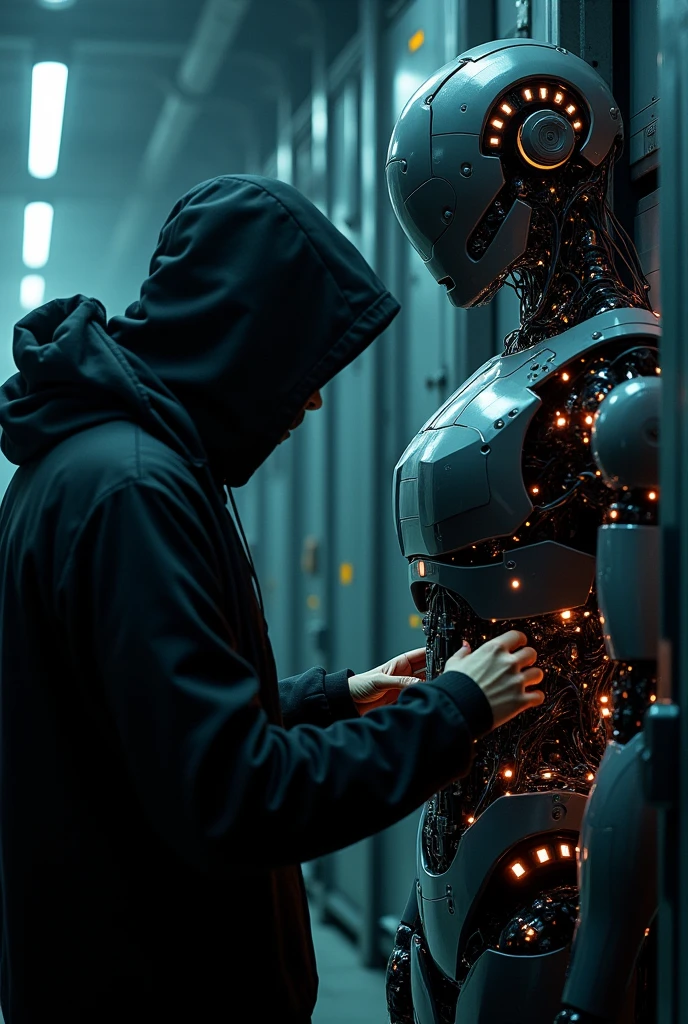 The hacker turned around hacking a robot without revealing his face
