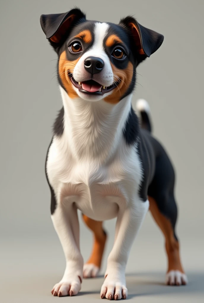 Dog cross between Pinscher and Jack Russel Terrier brown color, black and white stronger cross of medium small pinscher