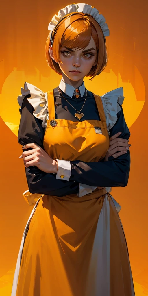 1girl, solo, maid with apron, yellow and orange hair, short bob haircut, medium breast hold, breasts, heart brooch necklace, closed mouth, crossed arms, dress, dusk, enmaided, evening, frown, long sleeves, looking at viewer, maid apron, maid headdress, yellow and orange background, orange sky, orange theme, ribbon, sunflower, sunset, v-shaped eyebrows, yellow and orange apron, yellow  and orange background gradient,  yellow and orange theme