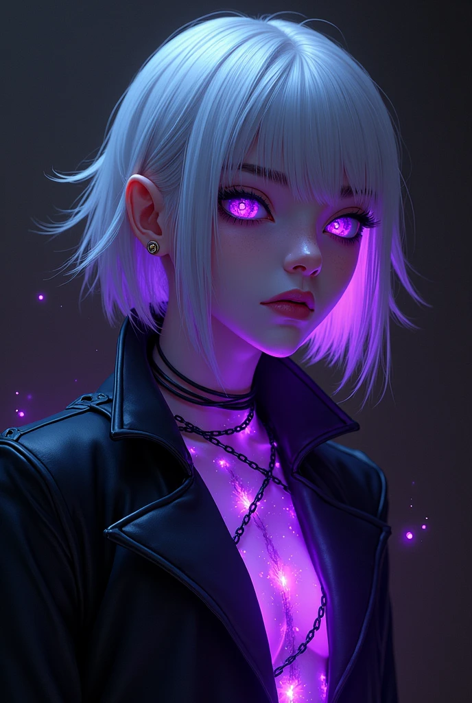 Androgynous girl with short albino hair, violet eyes, smile maniac, eyes with dark circles, arms and neck chained. Emanates a power of fluorescent purple and black clothing.