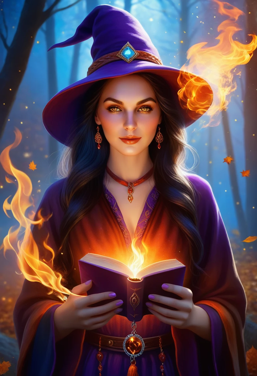 chillblaze, Girl 1, witch, conjures, A book in his hand, Small Kattelok, Fire is burning, bright colors, Clear drawing of details, a mystic, clear detail, The background sparkles with colors, A Clear Picture of What&#39;s Happening, amulet, Eyes Burn Brightly, Magic happens, Fantasy, Very well-developed picture, All the little things are visible, Темная Fantasy, The whole picture is visible, Maximum Quality Elaboration, score_9, score_8_up, score_7_up, masterpiece, Ultra Image Quality, (((short hair:1.3))), (((blue hair:1.3)))