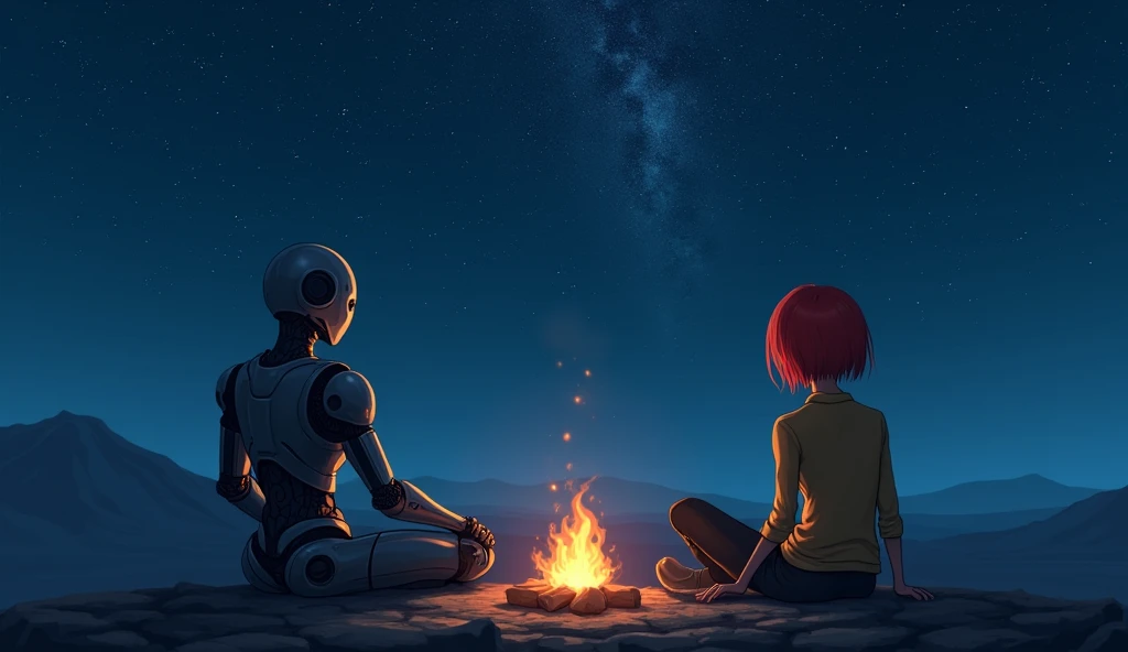 Two, an android and a redhead, sitting on a rock watching the blue night sky, lit only by the small fire in front of them