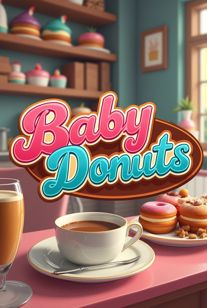 I would like to create a logo for a franchise with very colorful letters and many colors that has the name Babydonuts as a reference. It is for a business, so create it in an ingenious way and attract attention with an image of drinks and cakes in the background, a vintage coffee shop.