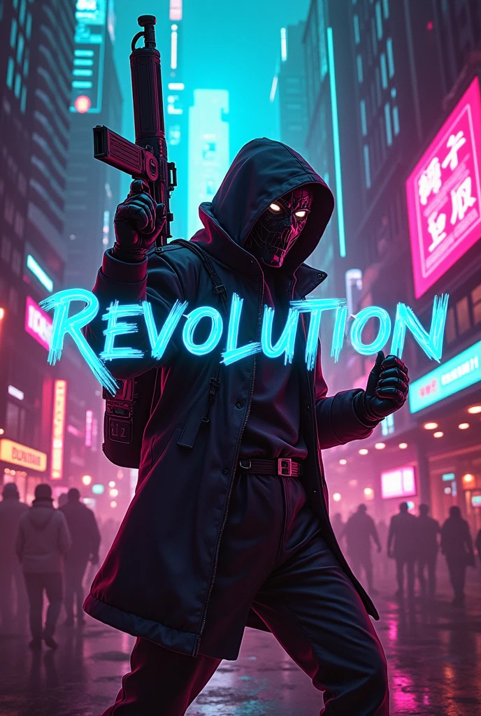 I would like you to create a perfect image for a whatsapp group by name "REVOLUTION" with a cyberpunk theme and plenty of colors to draw attention.  Where is the name of the group??