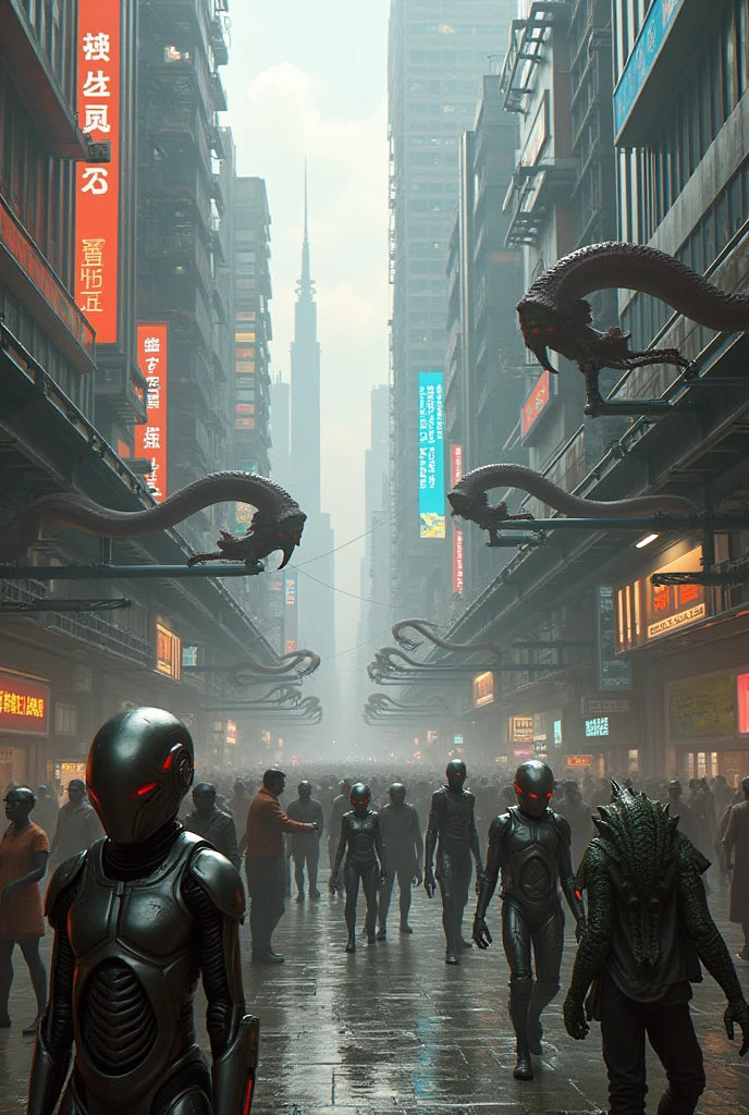 city humans and robots and aliens and reptilians walking fighting 