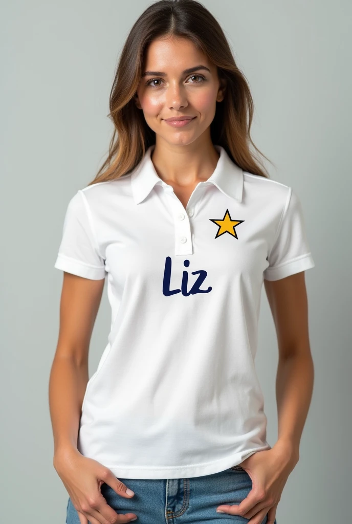 White women's polo shirt with a star on the front with the name LIZ