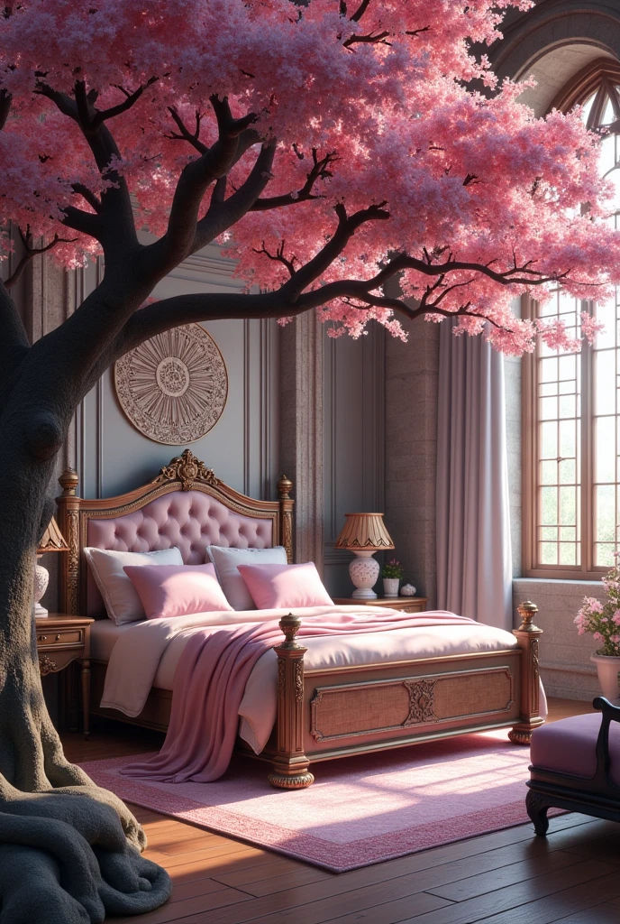 A medieval feminine bedroom with purple color, with a Japanese theme and a sakura tree, floorplan