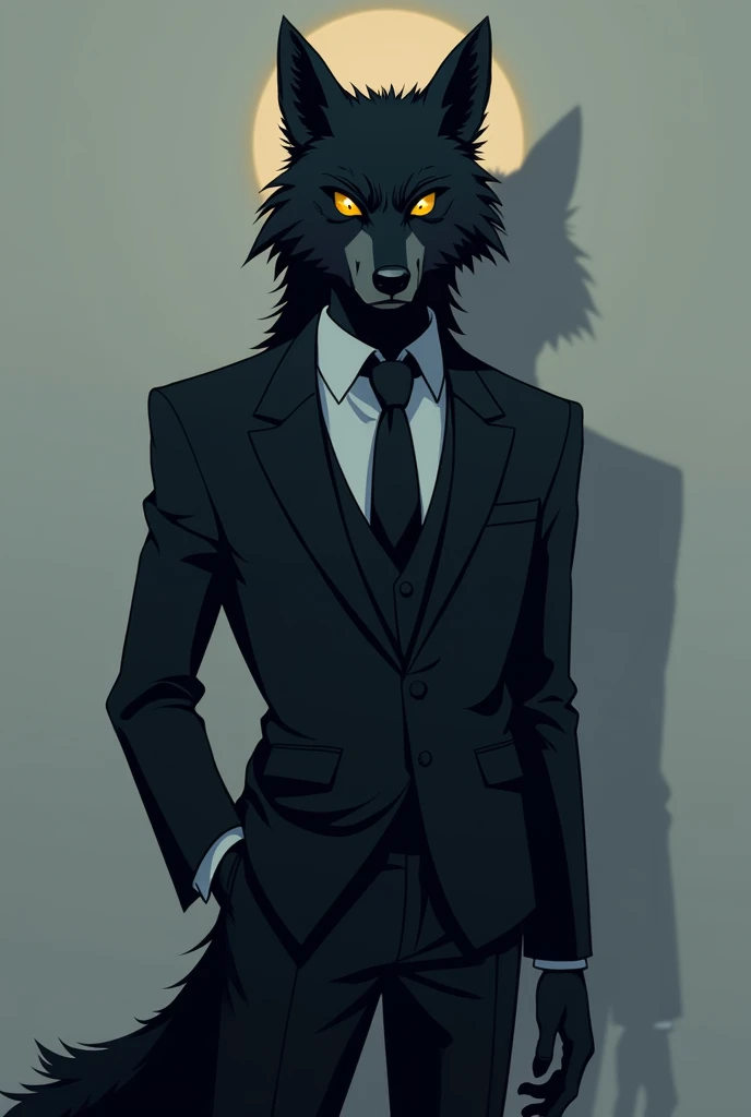 black furred wolf, yellow eyes, wearing formal suit controlling his shadow 2D anime style