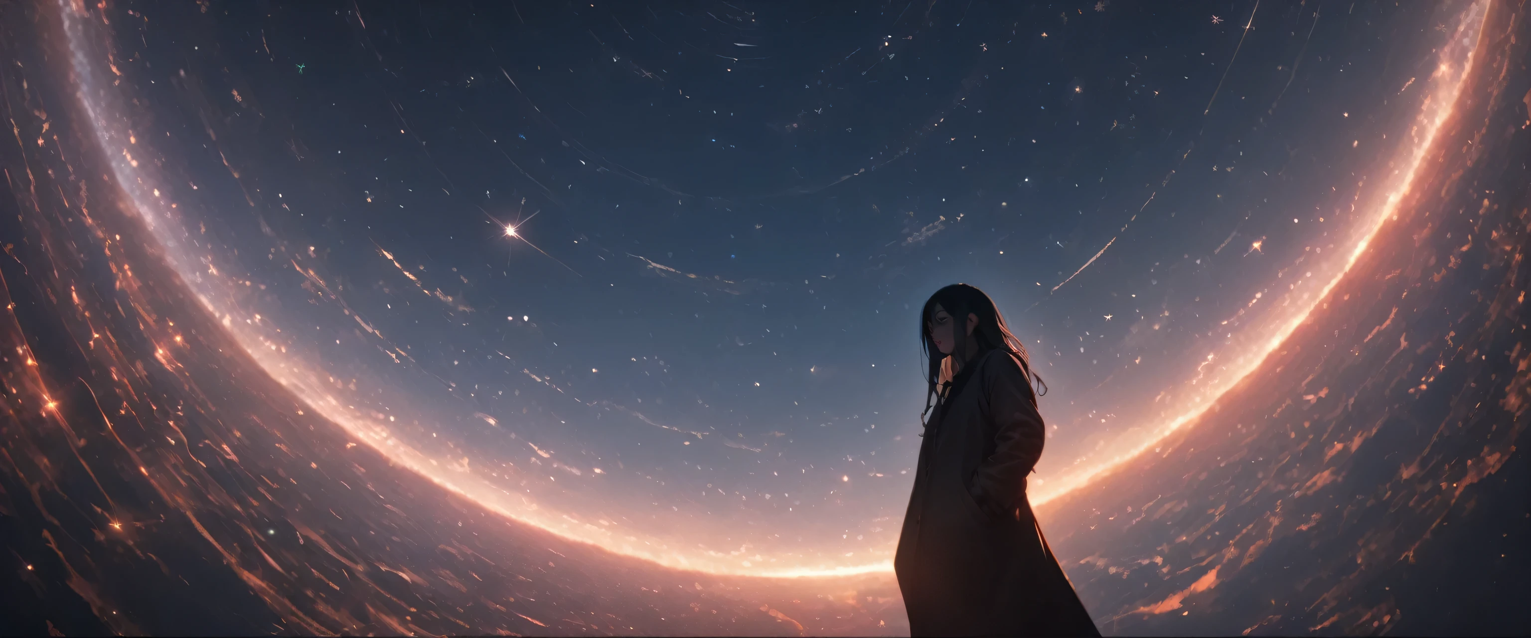 8k,wallpaper of extremely detailed CG unit, masterpiece,hight resolution,top-quality,top-quality real texture skin,hyper realisitic,increase the resolution,RAW photos,best qualtiy,highly detailed,the wallpaper,cinematic lighting,ray trace,golden ratio, BREAK ,many stars twinkling in a beautiful bright winter night sky, long exposure starry sky with many circular orbits, silhouette of a cute young woman with long hair with her hands in her coat pockets looking up at it, photo taken from long distance, photo from below, beautiful kaleidoscope multiple exposures overlapping