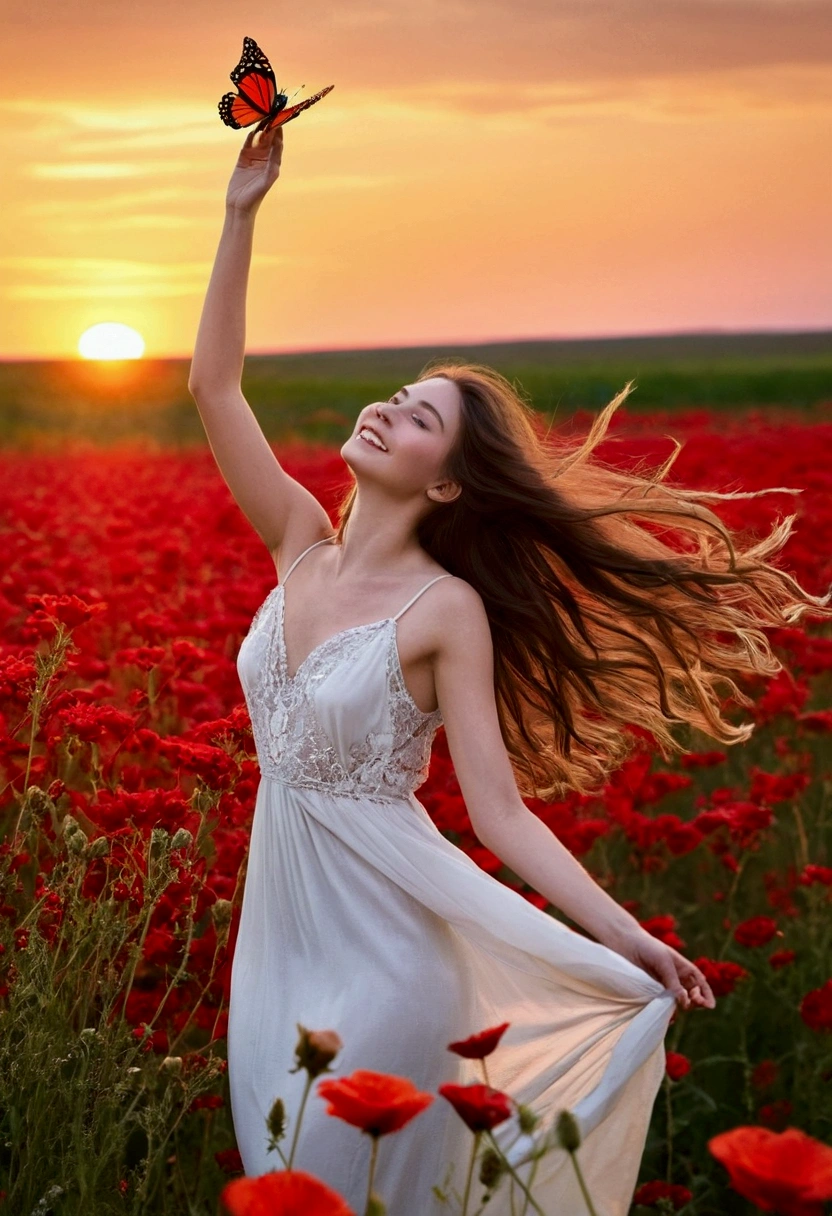 make a woman white, being 165cm, ideal weight for height, straight brown hair, natural face without makeup, wearing a red dress in the winds, in a field full of flowers with the sunset behind, with her hair loose in the winds, a captivating smile on his face. She will be looking at the sunset. There will be birds in the sky and colorful butterflies flying in the flowers behind her.. She will have her arms open and her back turned
