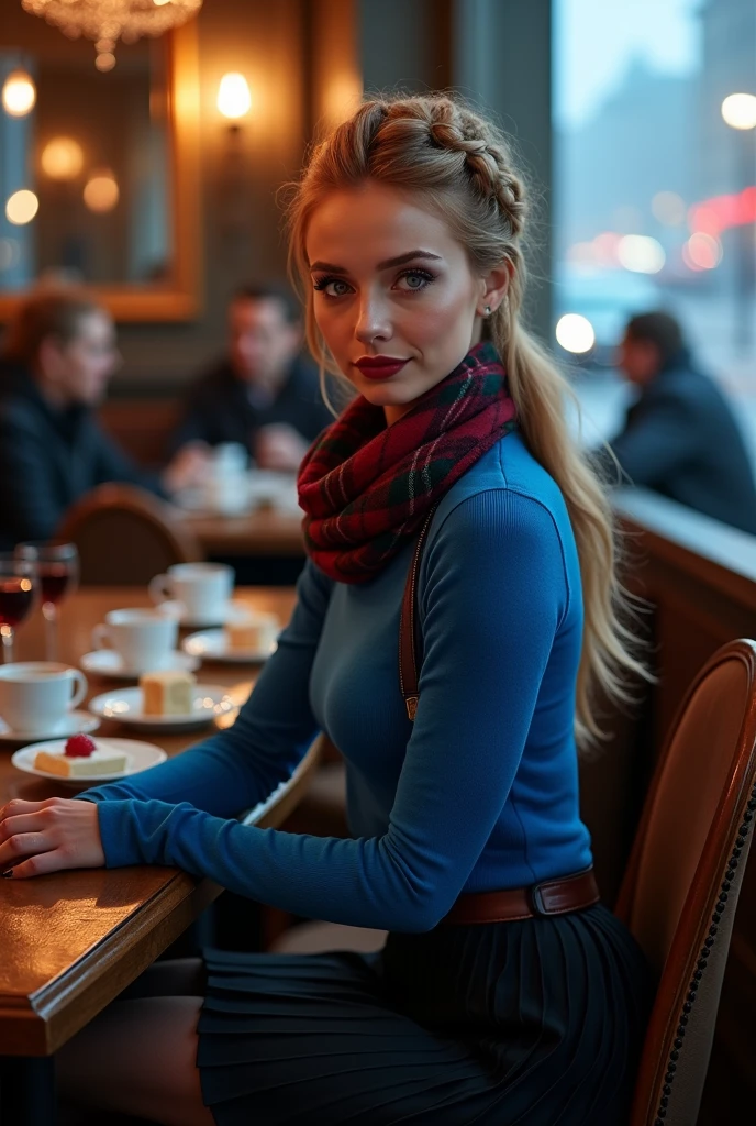 professionally color graded photograph. full body view. A young, athletic Russian woman. slavic facial features. long strawberry blonde hair braided up to one side. classy makeup. black eyeliner. rouge blush. glamorous eyelashes. glossy wine red lips. Wearing electric blue turtleneck sweater. Black pleated skirt. Winter thigh high stockings. Black leather high heeled boots. (Black leather fitted riding jacket with collar). Long tartan wool scarf around neck. Small leather purse worn across shoulder. sitting at a table at a crowded cafe in Moscow. Having tea, with coffee and plates of cakes on tanle. Other patrons. romantic lighting. Fog and rainy night seen from side window. traffic. Resting hands on table. Staring intently at viewer, smiling. Enamored with viewer. dimples. POV across table.