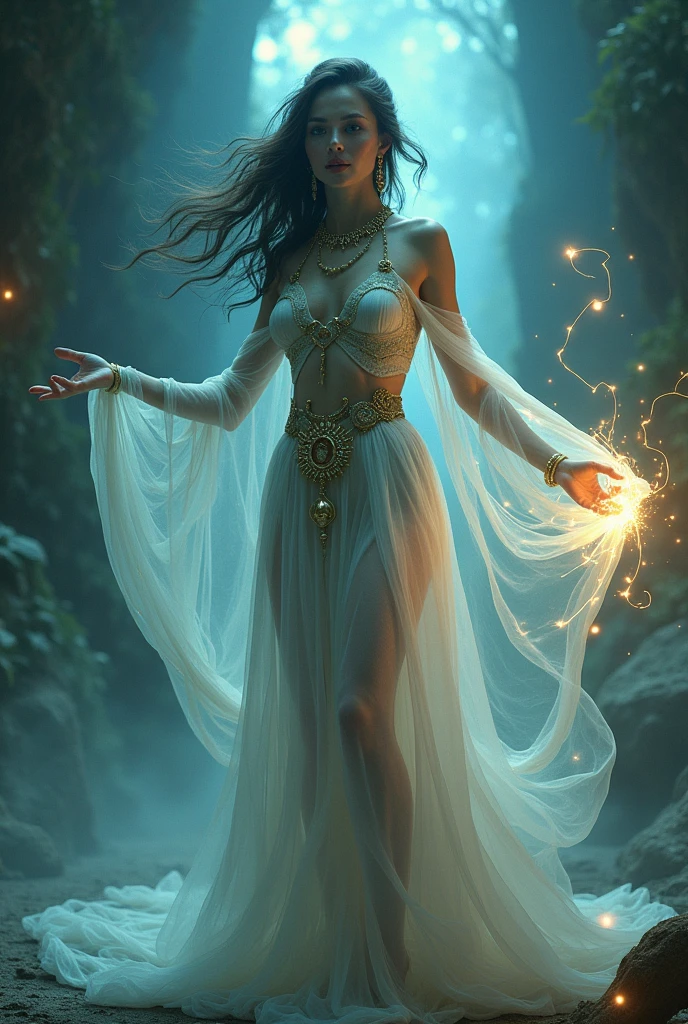 <la full body picture of a beautiful woman from a fantasy world, she is casting the spell Mind Sliver, octane render, volumetric lighting, 
