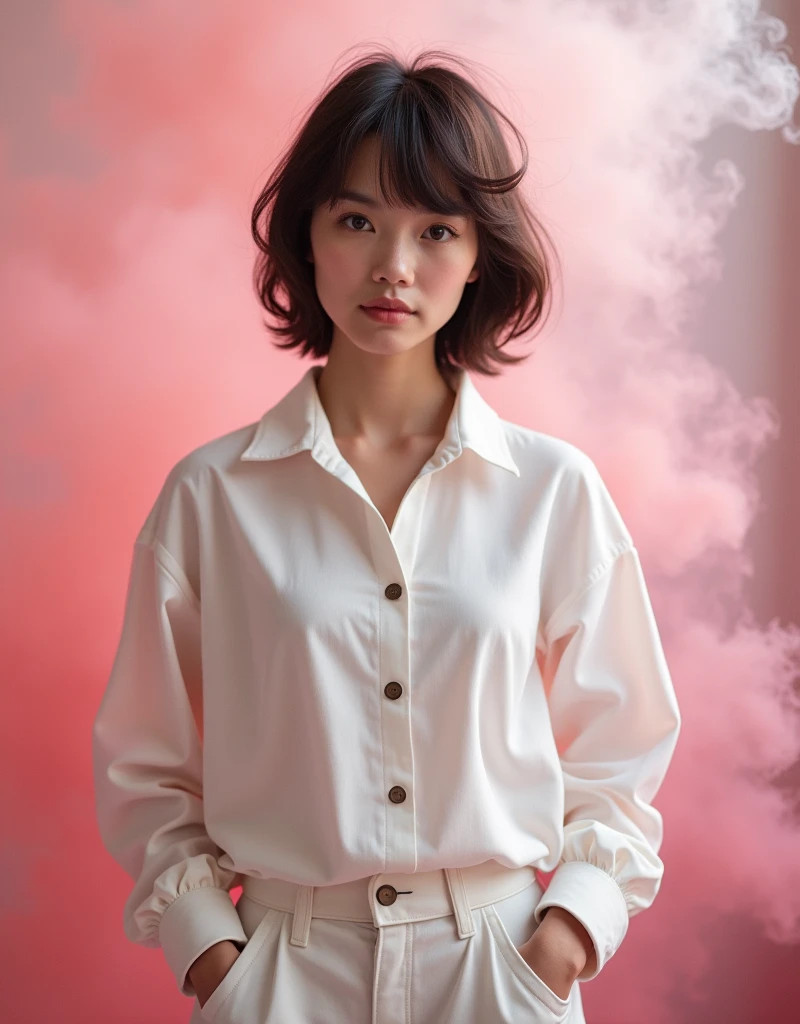 Realistic photos, 35 years witch of medium height, around 1.65 meters tall, In general, she wears white shirt and trousers, classic style with a mix of practicality and eccentricity.

Her most distinctive feature is her hair, a complete dark brown color. She has an oval-shaped face with well-defined features: a small, upturned nose, full lips, and large dark brown eyes. Her skin is very clear, without noticeable imperfections. Tonks usually keeps her pixie haircut, reflecting her rebellious and carefree personality. In general, its appearance is youth age, dynamic and constantly changing. Pink smokey background, sweet atmosphere 