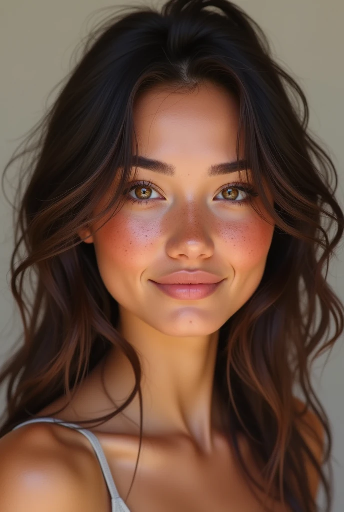 Young adult white women with freckles, dark brown hair, hazel eyes with makeup with chubby cheeks