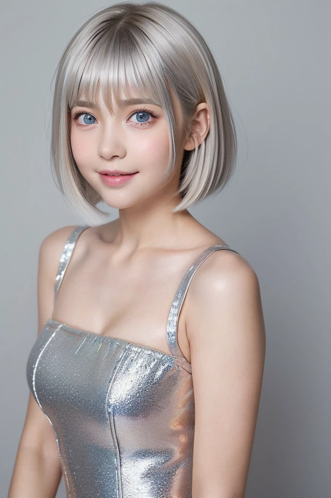 (A portrait of a young girl wearing an idol costume:1.5), with a bright expression, glowing white skin, glossy face, shimmering cheek gloss, small face,(best looks:1.5),very beautiful glossy hair, (ultra short hair:2.0),(silver hair:1.5),shimmering clear alluring bright large pale blue eyes,downturned eyes,eyeliner,(a very beautiful lovely cute girl,charming smile,perfect bust:1.25),masterpiece,photorealistic, 8k, high quality, masterpiece,realistic portrait,high resolution fix