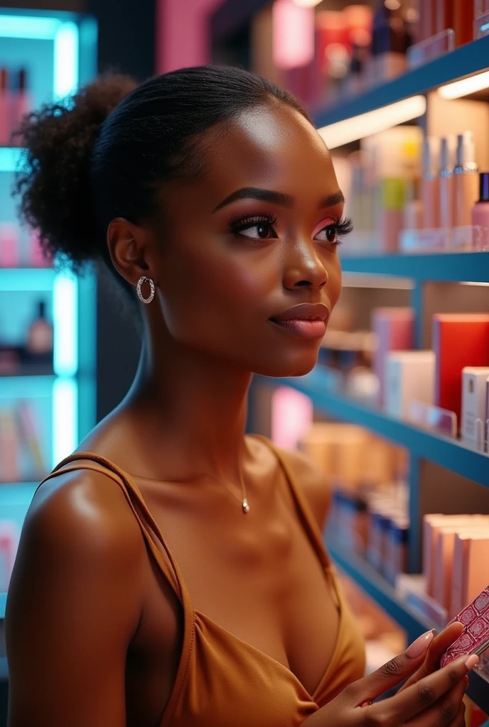 Black woman choosing makeup in store
