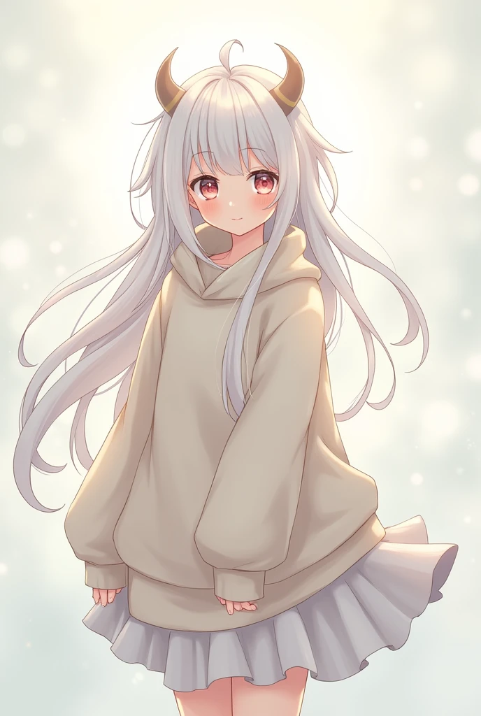 Create an anime girl with long white hair and bangs wearing a big sweater with a skirt and horns where an amongos is hidden