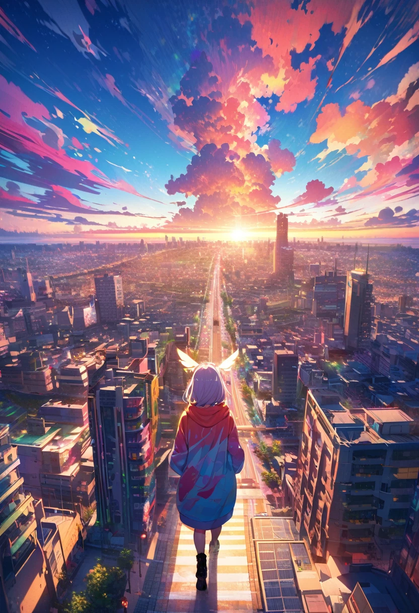 angelic, detailed woman who is walking, woman wearing hoodie, highest billding in city, road, sunrise, horizon, skyline, in the sky, city of clouds, colorful, high-res, 8K