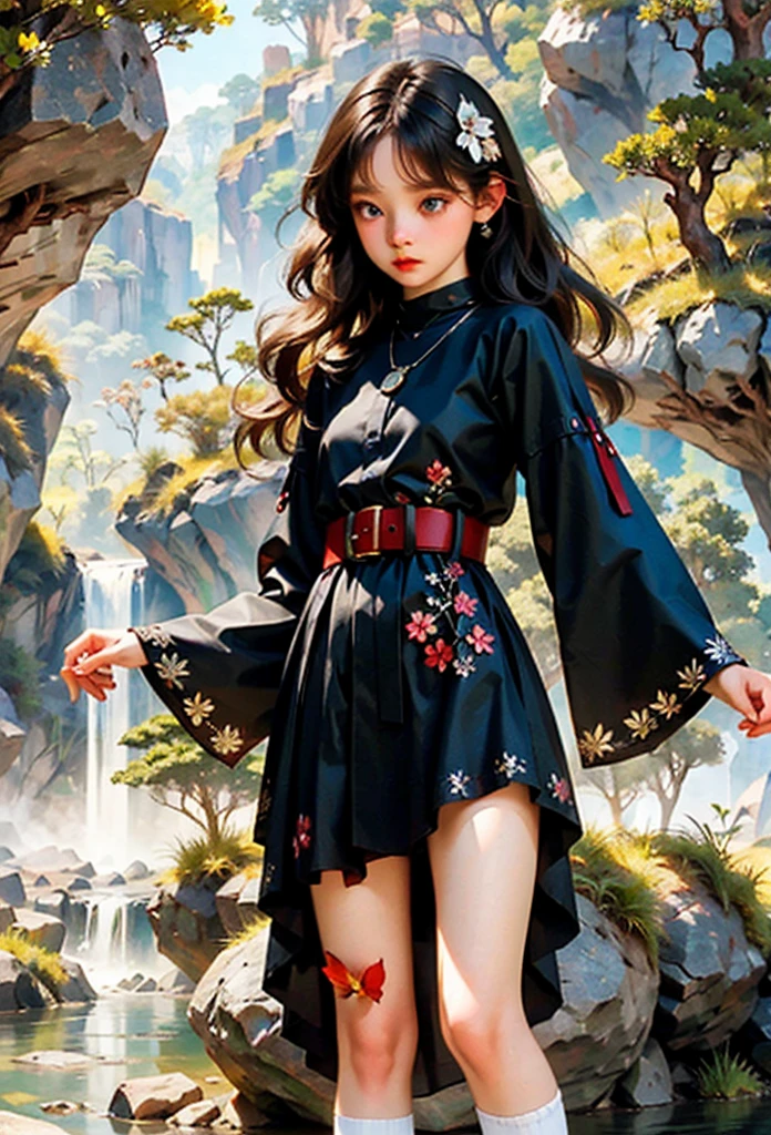 expressionless, realistic photo, (dark fantasy), (Awesome concept art), (Detail Splash), long black hair, blue eyes, girl, pure black dress, Color only, The sleeve ends and skirt part are dark red.. A sparkling diamond belt around the waist, There is a red butterfly hairpin next to the ear..., masterpiece, best quality, high quality, red and black crystal necklace, black knee socks,