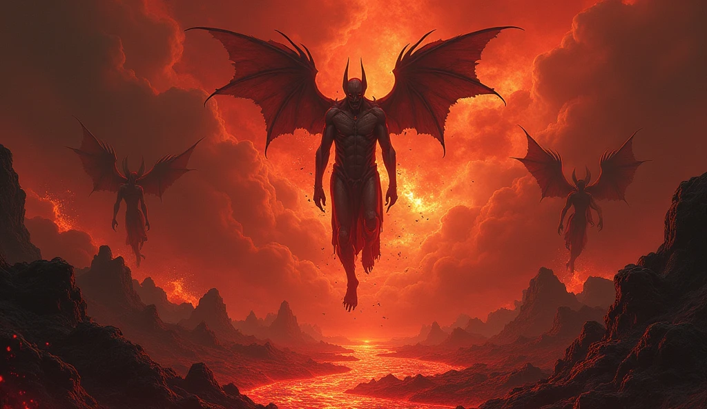 A hellish landscape where souls fall from the sky in balls of fire into rivers of lava, while humanoid figures try to escape without success. In the middle, Gerardo appears to be falling apart, with parts of his body disintegrating in the scorching heat, surrounded by the echoes of screams and suffering. Lucifer looms behind, watching with malevolent interest.