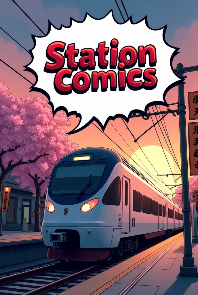 Design an icon for a YouTube channel with the theme 'Station Comics.' The image should depict a stylized anime train station, incorporating elements typical of manga art. The station should be set at dusk, with warm, orange, and pink hues in the sky, creating a serene yet vibrant atmosphere. Include details like Japanese kanji signs, cherry blossom trees in bloom, and a sleek, modern train on the tracks. The station name 'Station Comics' should be visible in a bold, dynamic font with a manga-style speech bubble surrounding it. The overall aesthetic should reflect the essence of anime, with sharp lines, dynamic shading, and a sense of movement, capturing the viewer's attention with a blend of urban and natural elements