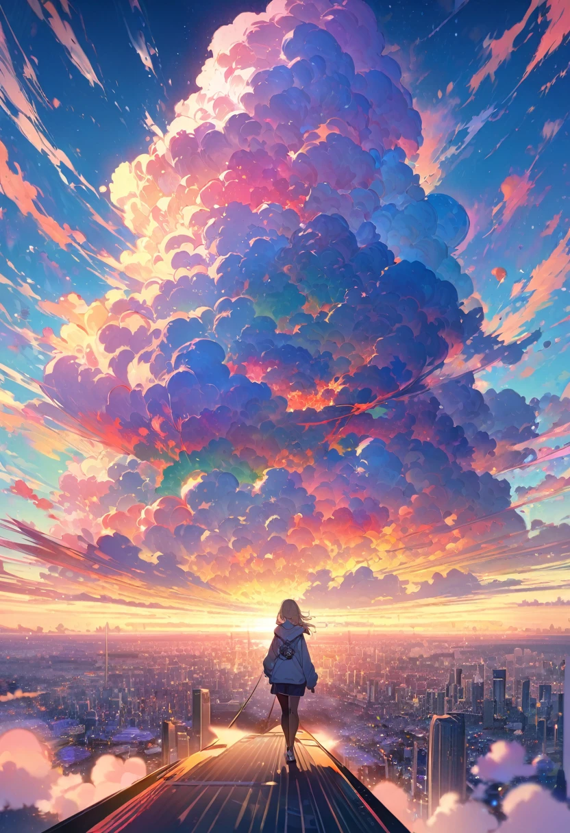 Create exquisite illustrations reminiscent of Makoto Shinkai's style, It has ultra-fine details and top-notch quality. angelic, detailed woman who is walking, woman wearing hoodie, highest billding in city, road, sunrise, horizon, skyline, in the sky, city of clouds, colorful, high-res, 8K