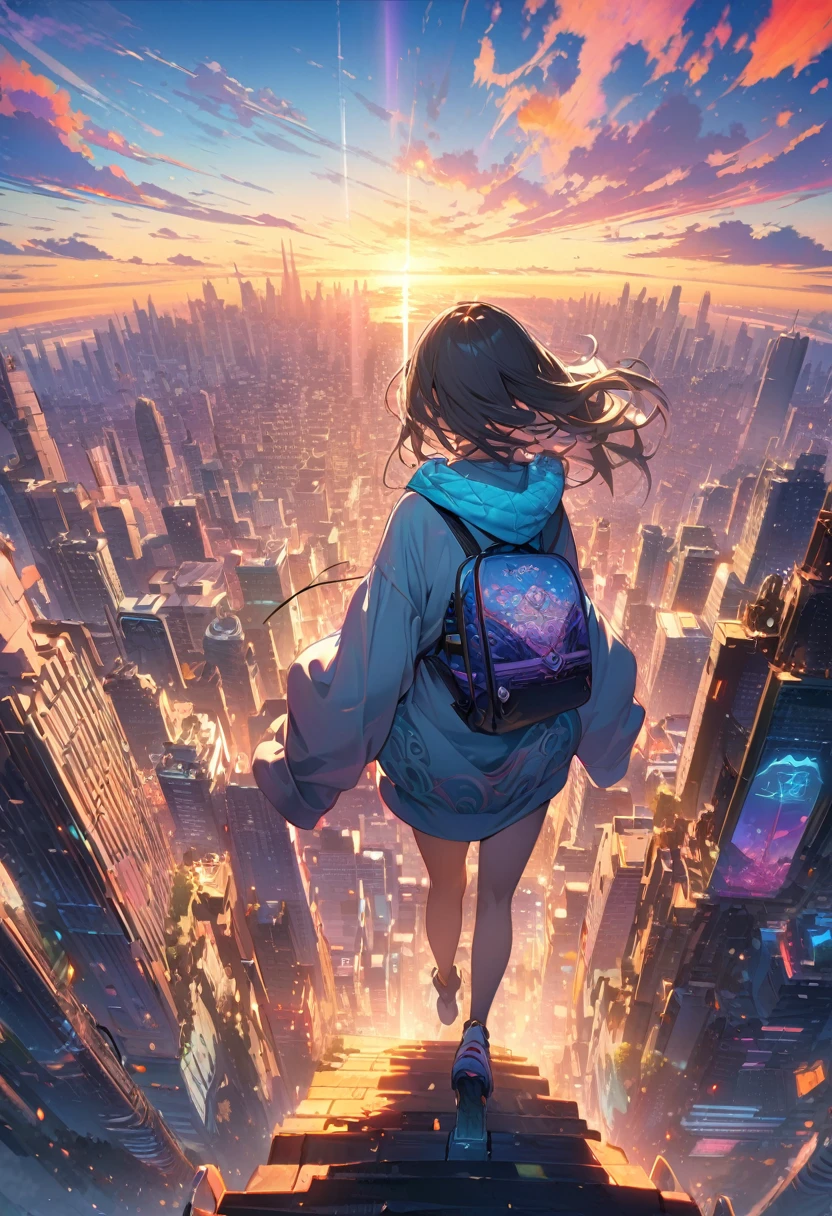 Create exquisite illustrations reminiscent of Makoto Shinkai's style, It has ultra-fine details and top-notch quality. angelic, detailed woman who is walking, woman wearing hoodie, highest billding in city, road, sunrise, horizon, skyline, in the sky, city of clouds, colorful, high-res, 8K