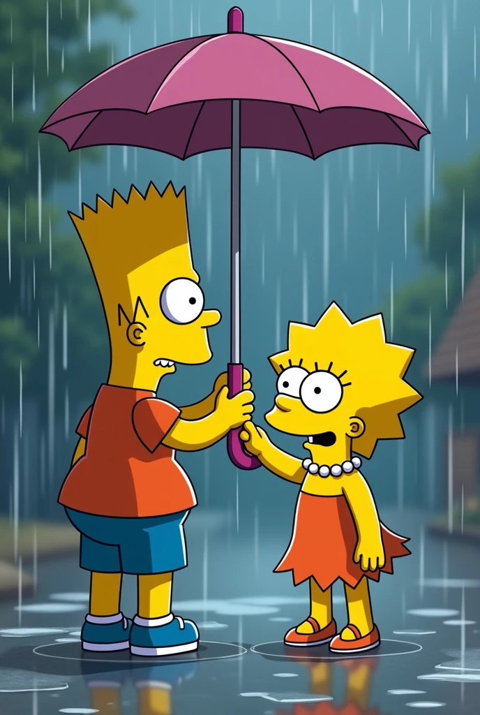Brothers Bart and Lisa Simpson. it's raining. Bart hands Lisa an open umbrella with only one hand. Bart's back is to Lisa. Bart is furious. Lisa is smiling.