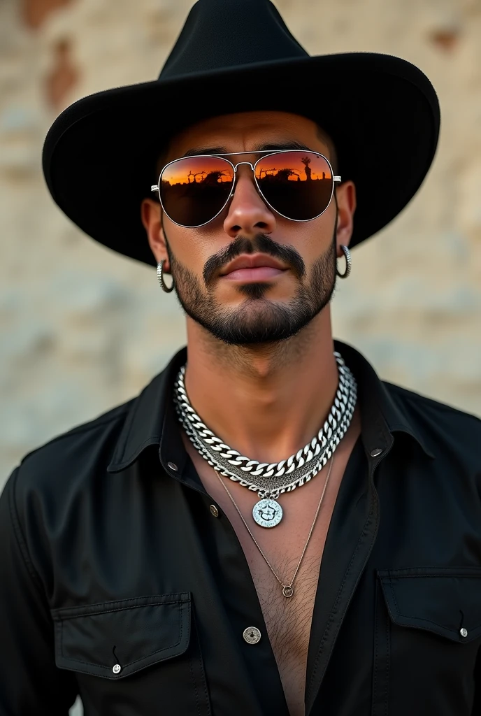 A man whose style of dress mixes agroboy with funk singer. He wears a black country hat and a black shirt., wears funk singer style chains and Juliet style mirrored lens sunglasses. His skin color is light and his features are similar to those of the Argentine people.. He doesn&#39;t wear a beard on his face.