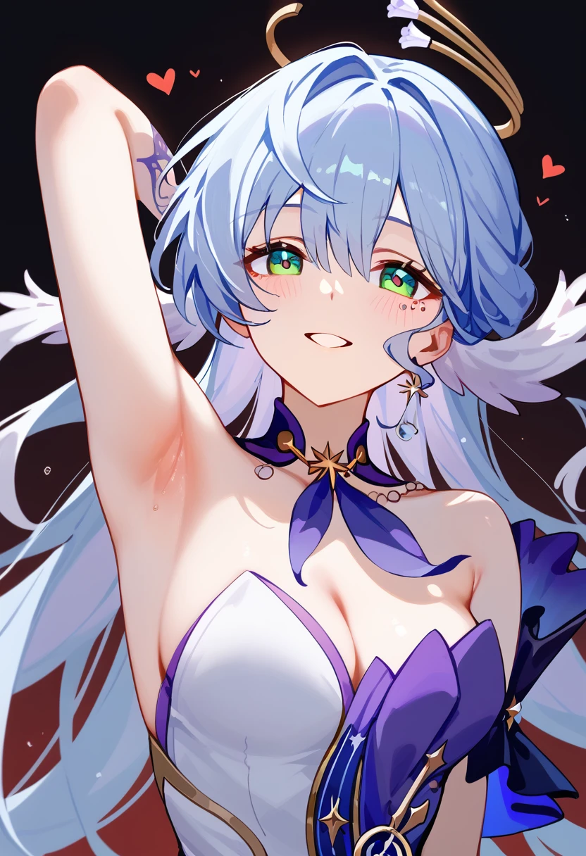 robin \(honkai: star rail\), smile, parted lips, looking at viewer, armpit crease, breasts, shushing, 