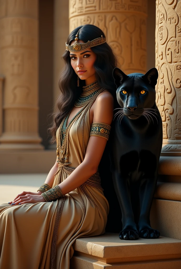 Cleopatra sitting next to a black panther