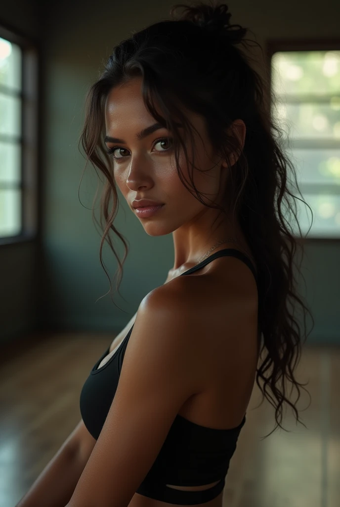 In a quiet gym environment, a brazilian woman doing yoga, wearing a revealing yoga outfit, with a close-up focused on the shape of her breasts and her concentration on the yoga poses, highlighting your inner peace and external beauty.