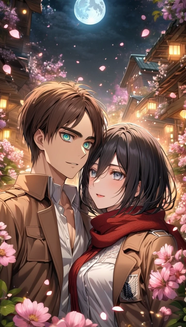 Ultra detailed, highres, absurdres, HDR, Eren Jeager, brown hair, expressive turquoise eyes, brown jacket, white shirt, Mikasa Ackerman, black hair, expressive gray eyes, brown jacket, white shirt, red scarf, Shingeki No Kyojin, pink flowers, petals, fireflies, moon, a beautiful woman together with a handsome man, couple, handsome, beautiful, very detailed face and eyes, smiling